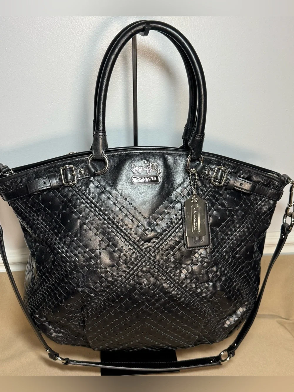 Coach Madison Criss Cross Woven Black Leather Lindsey Satchel Bag